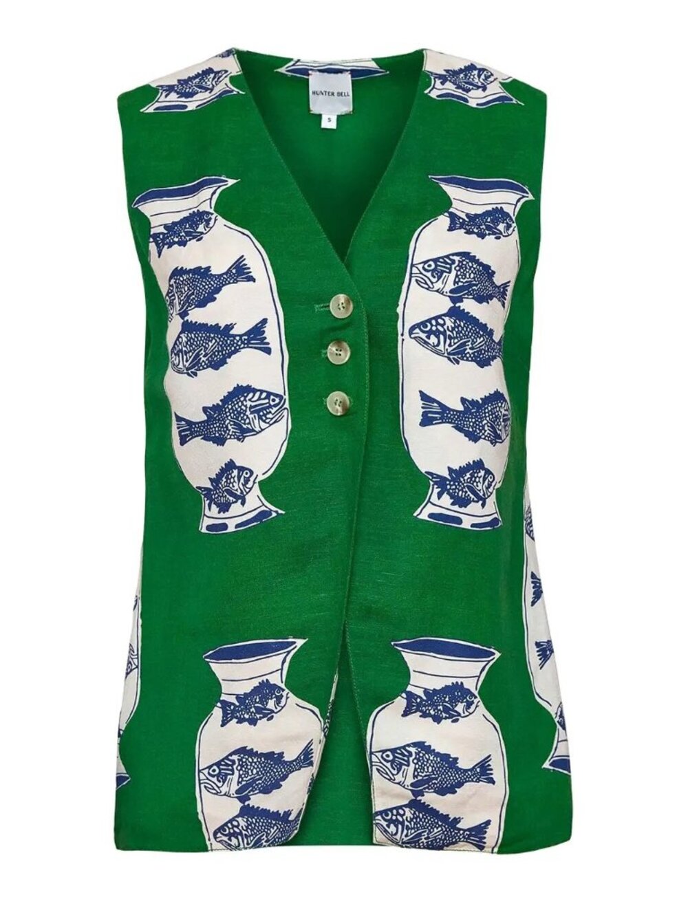 Hunter Bell Lachlyn Fish Vase Herring Green Print Linen Vest Sleeveless Top 4